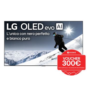 Vista frontale di una TV 77 pollici LG OLED evo AI G5 4K Smart TV 2025 OLED77G54LW con promozione bollo